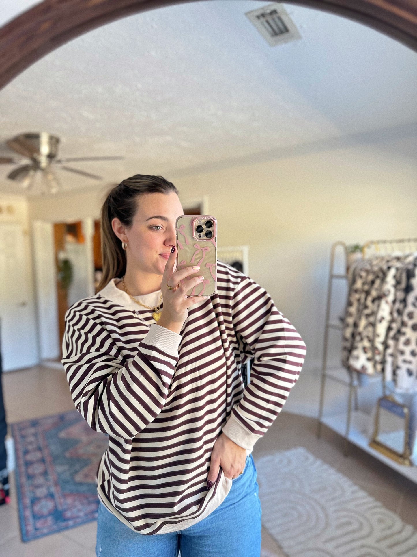 Let’s Grab Coffee Cotton Blend Brown Striped Pullover LAST CHANCE