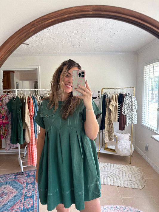 Falling Leaves Forest Green Mini Pleated Dress