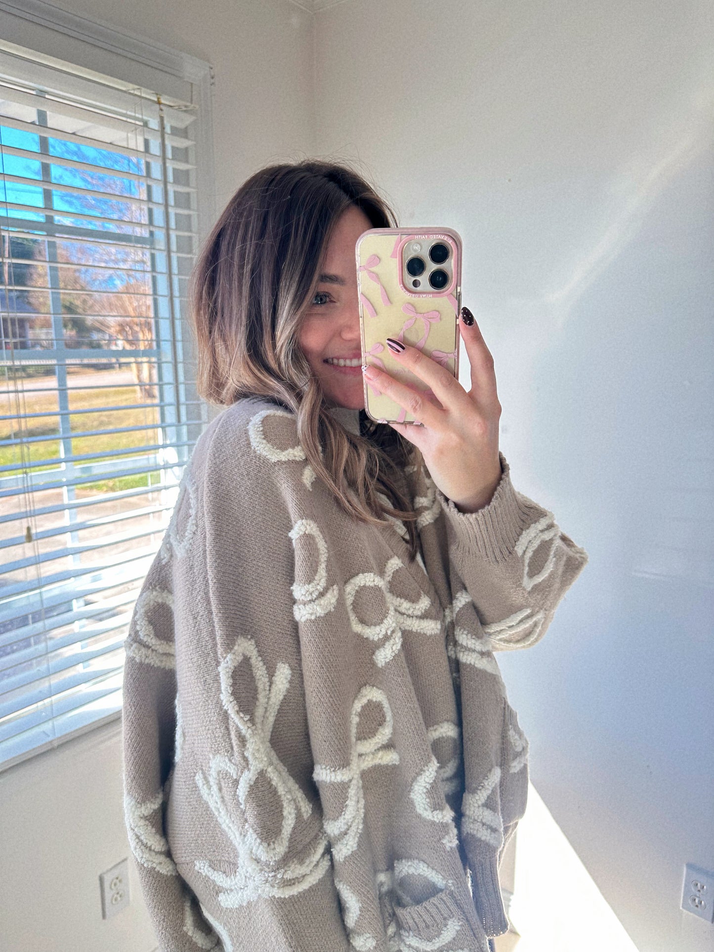 Simply Adorable Oversized Taupe + Cream Bow Cardigan