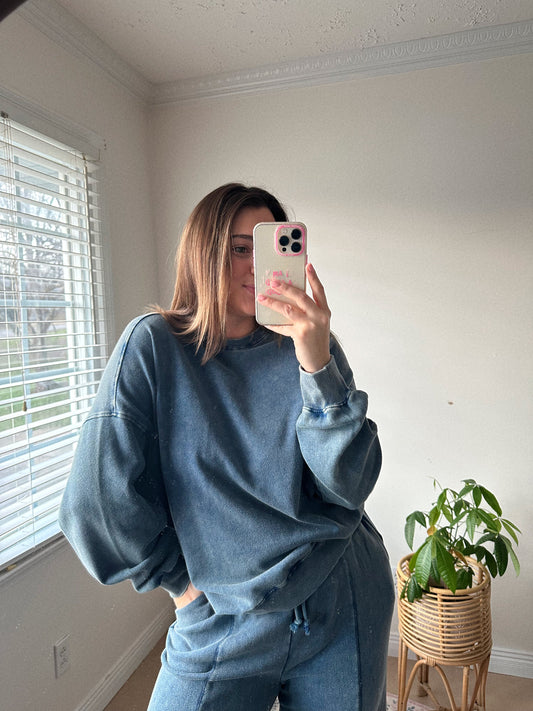 Blueberry Bliss Acid Wash Navy Blue Oversized Sweatshirt