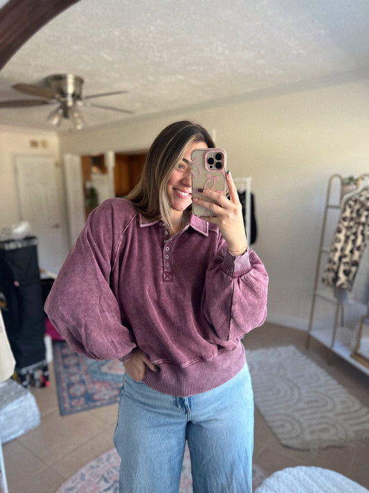 Dressing For Comfort Half Button Plum Pullover
