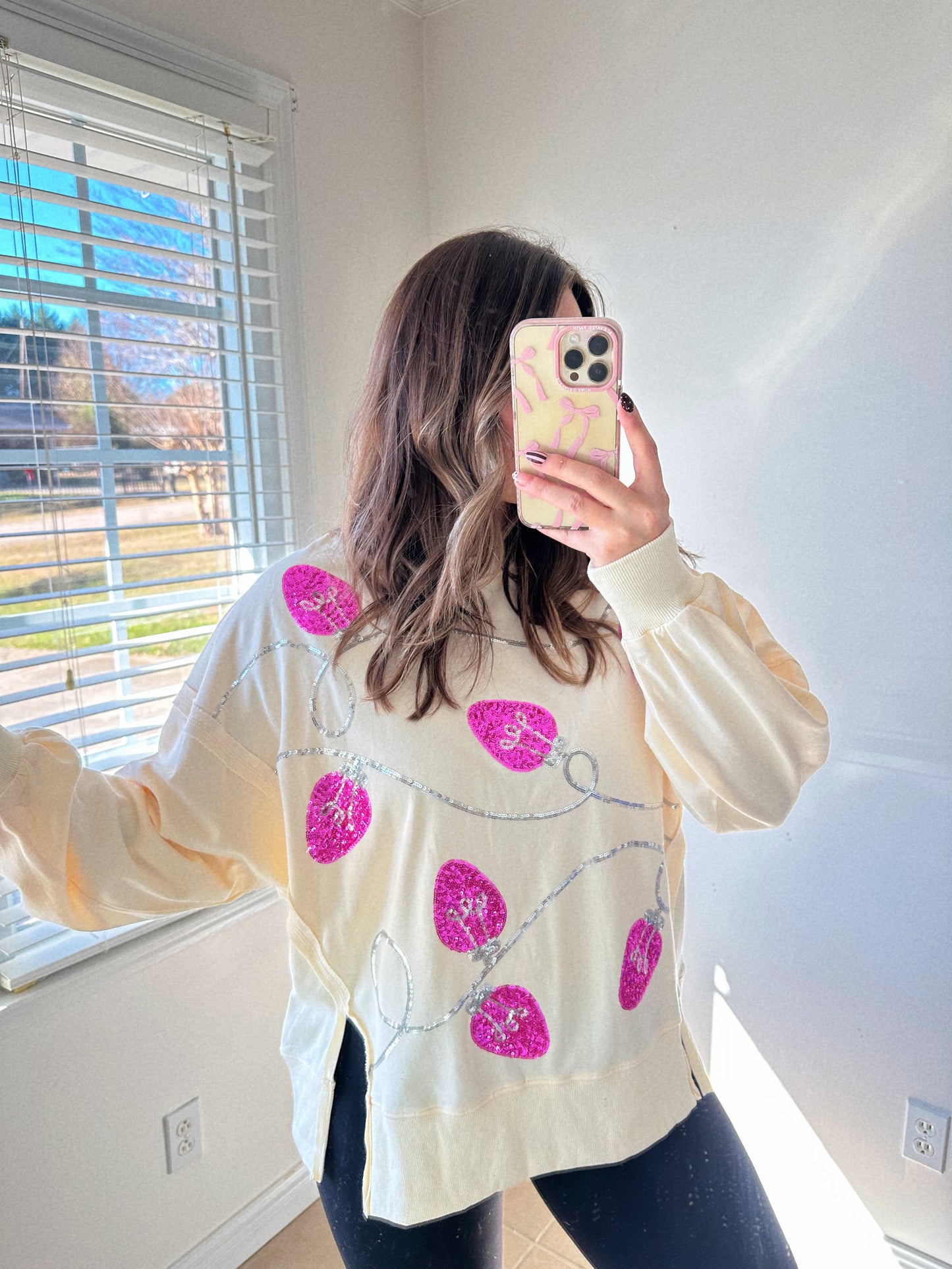 Christmas Cheer Pink + Silver Sequin Lights Pullover