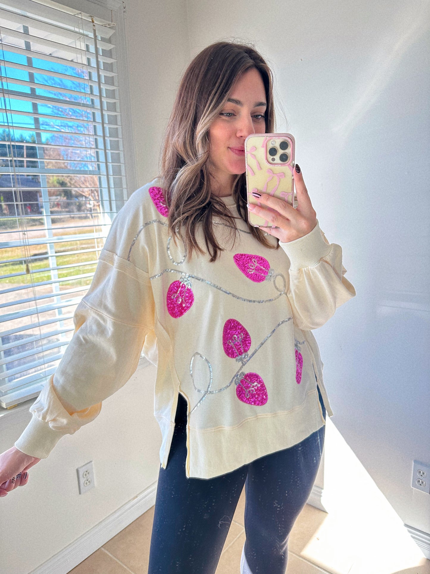 Christmas Cheer Pink + Silver Sequin Lights Pullover