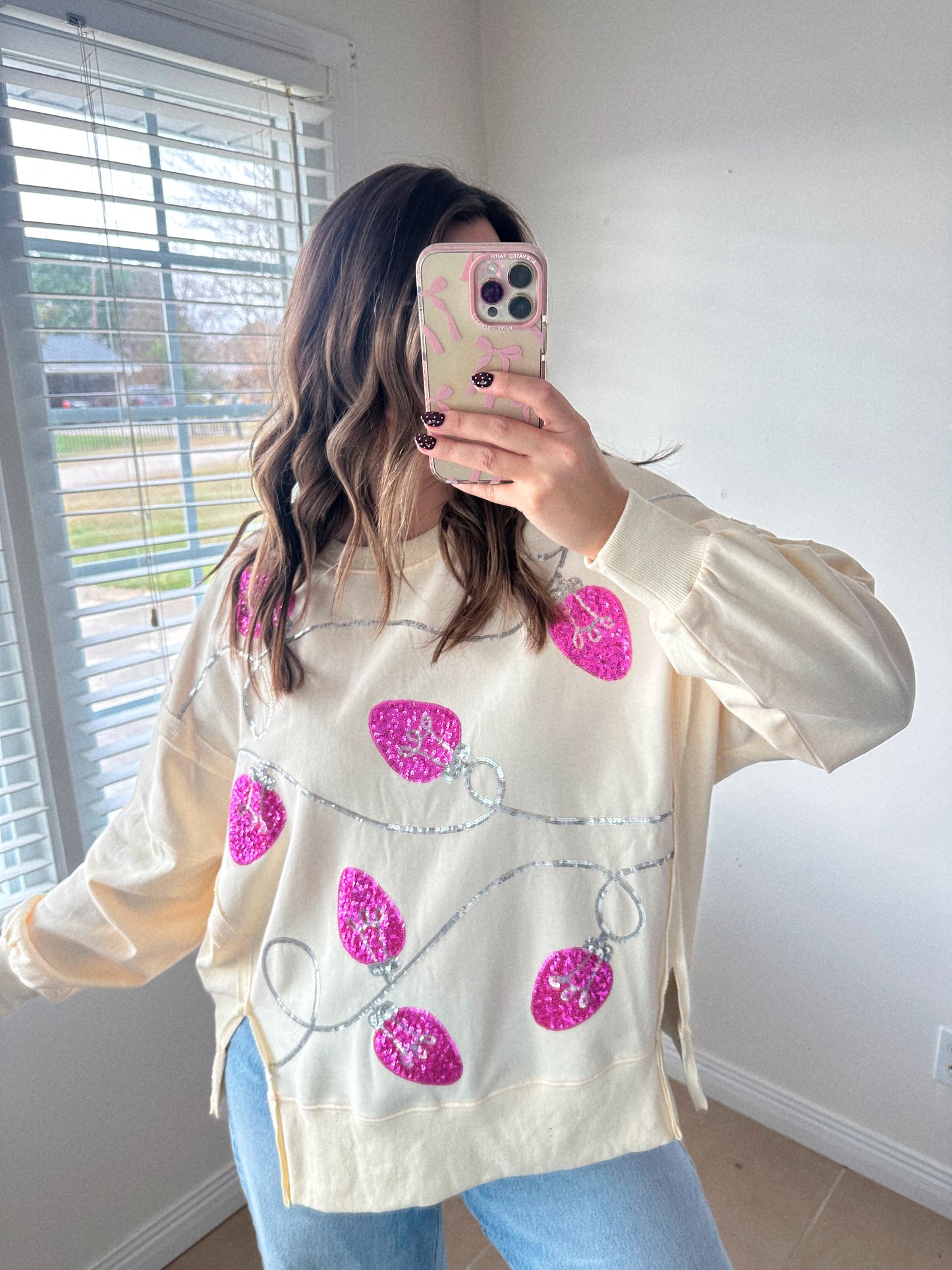 Christmas Cheer Pink + Silver Sequin Lights Pullover