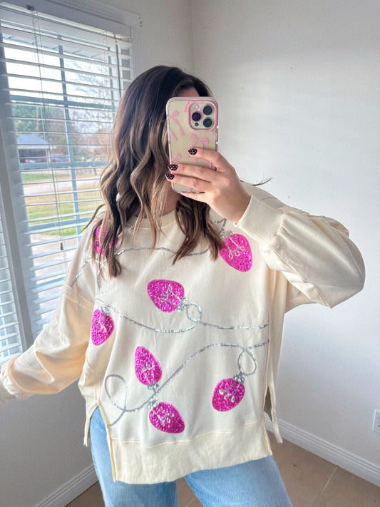 Christmas Cheer Pink + Silver Sequin Lights Pullover