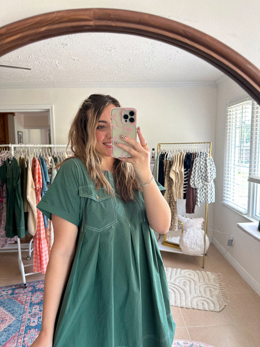 Falling Leaves Forest Green Mini Pleated Dress