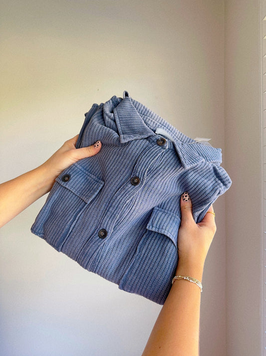 Linen Skies Dusty Blue Waffle Knit Shacket