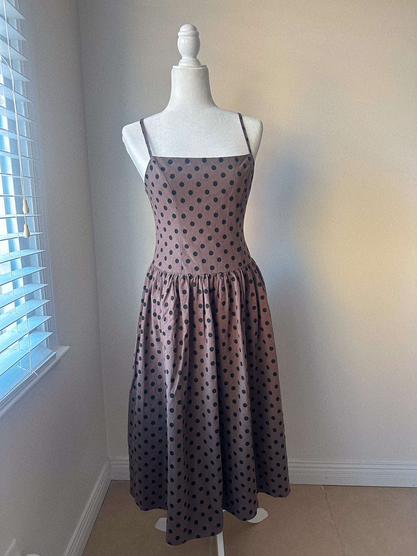 Mocha Muse Polka Dot Drop Waist Midi Dress