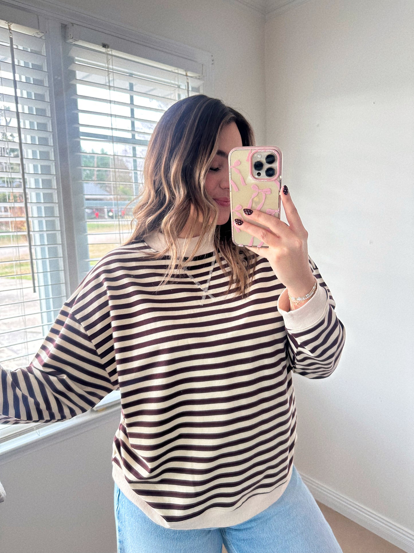 Let’s Grab Coffee Cotton Blend Brown Striped Pullover LAST CHANCE