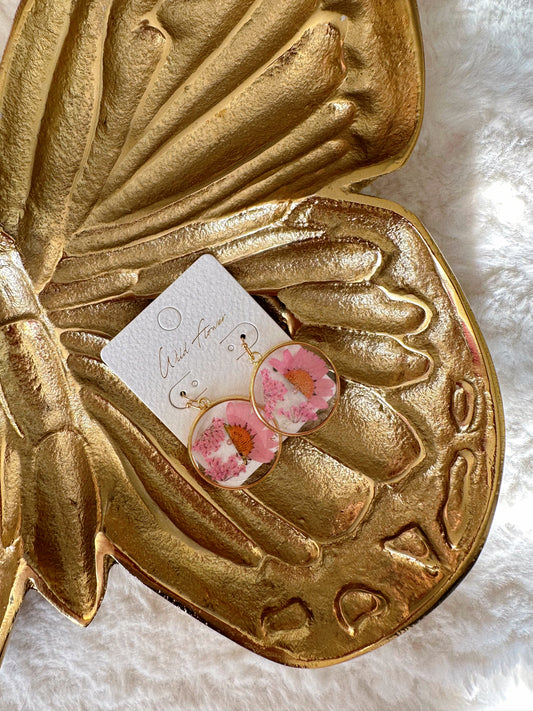 Golden Gaze Pink Floral Resin Earrings