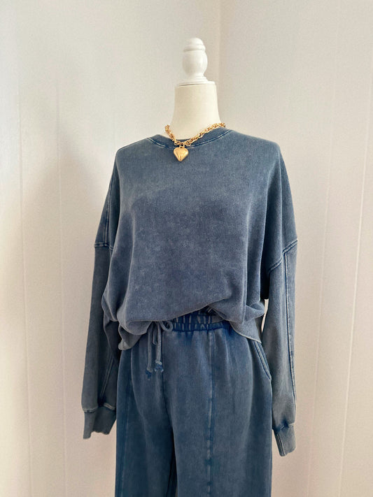 Blueberry Bliss Acid Wash Navy Blue Oversized Sweatshirt