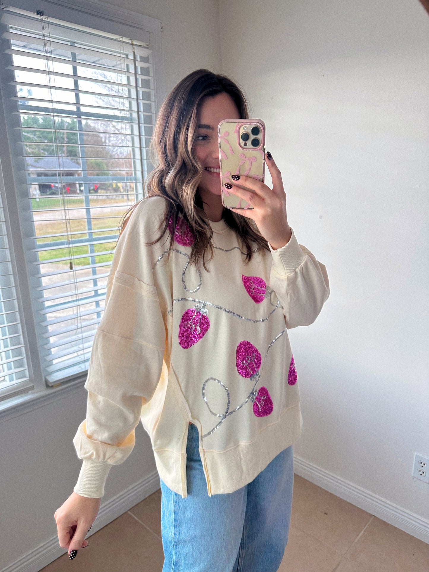 Christmas Cheer Pink + Silver Sequin Lights Pullover