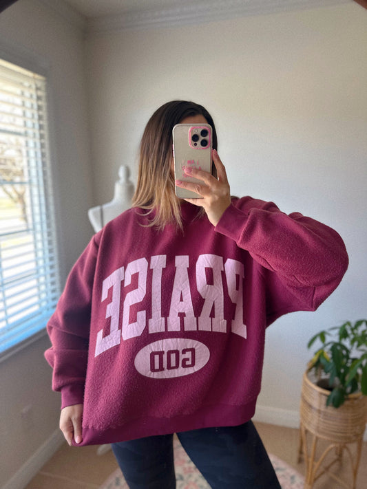 Reversible Polka Dot "PRAISE GOD" Pink + Red Mockneck Sweatshirt