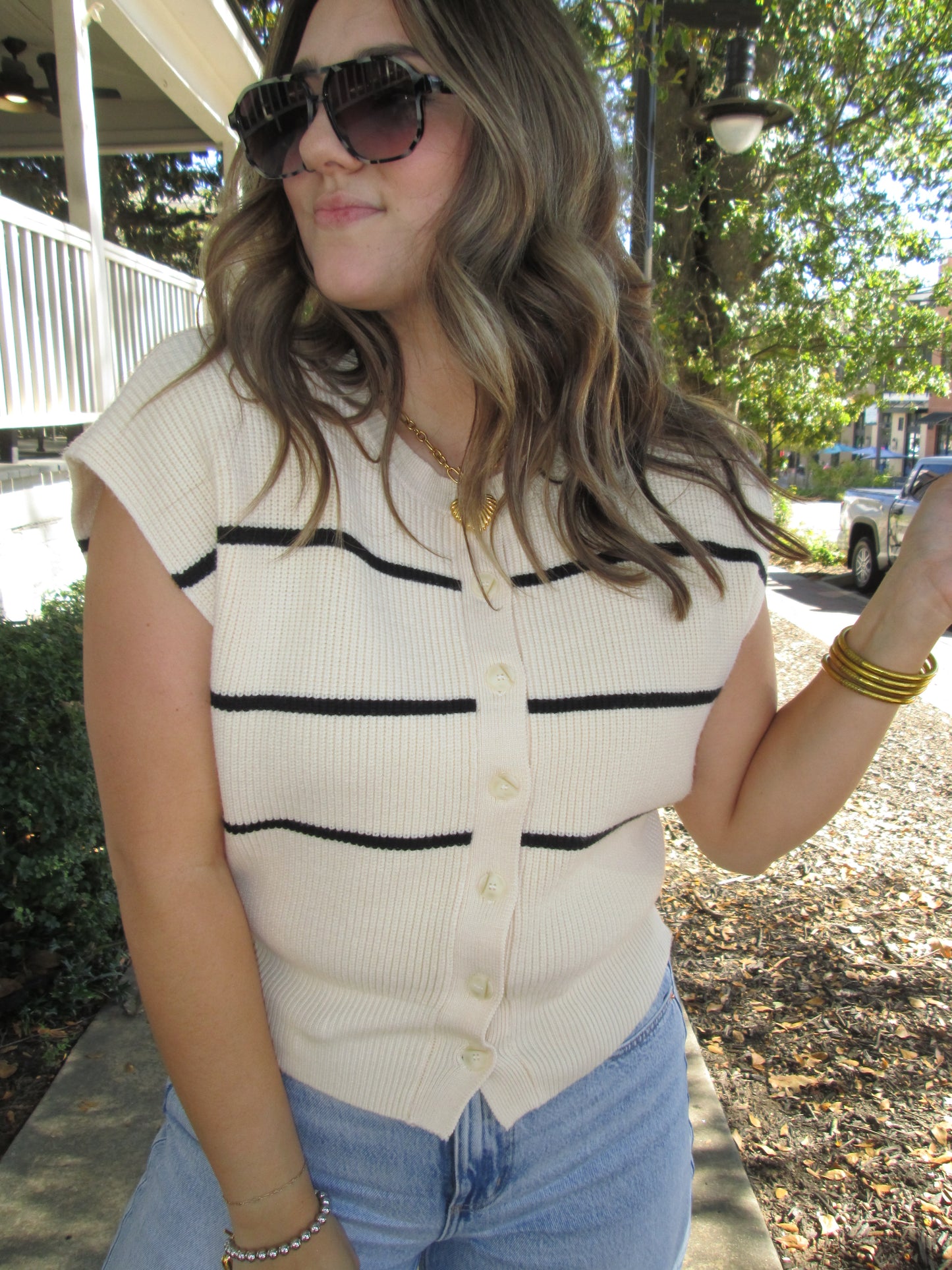 Ever So Sweet Striped Button Down Sweater Vest Top