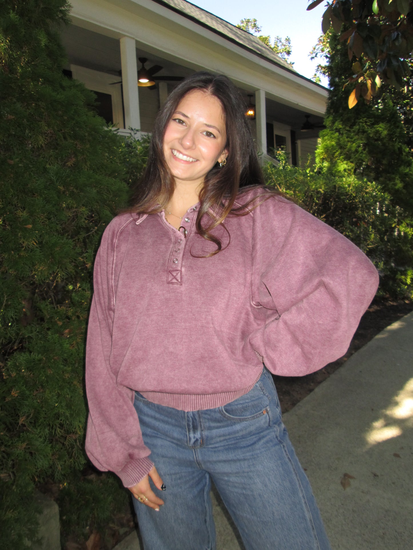 Dressing For Comfort Half Button Plum Pullover