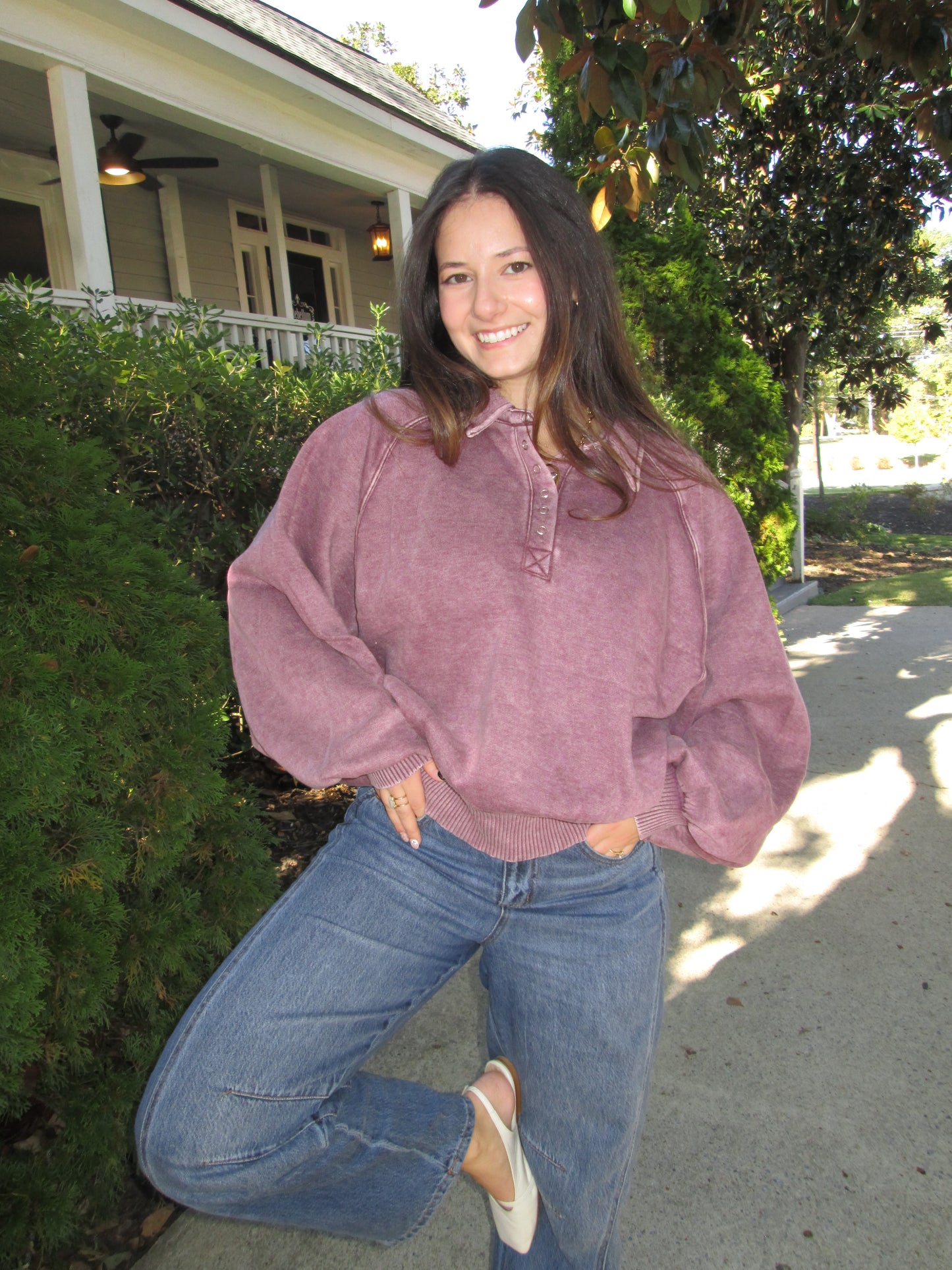 Dressing For Comfort Half Button Plum Pullover