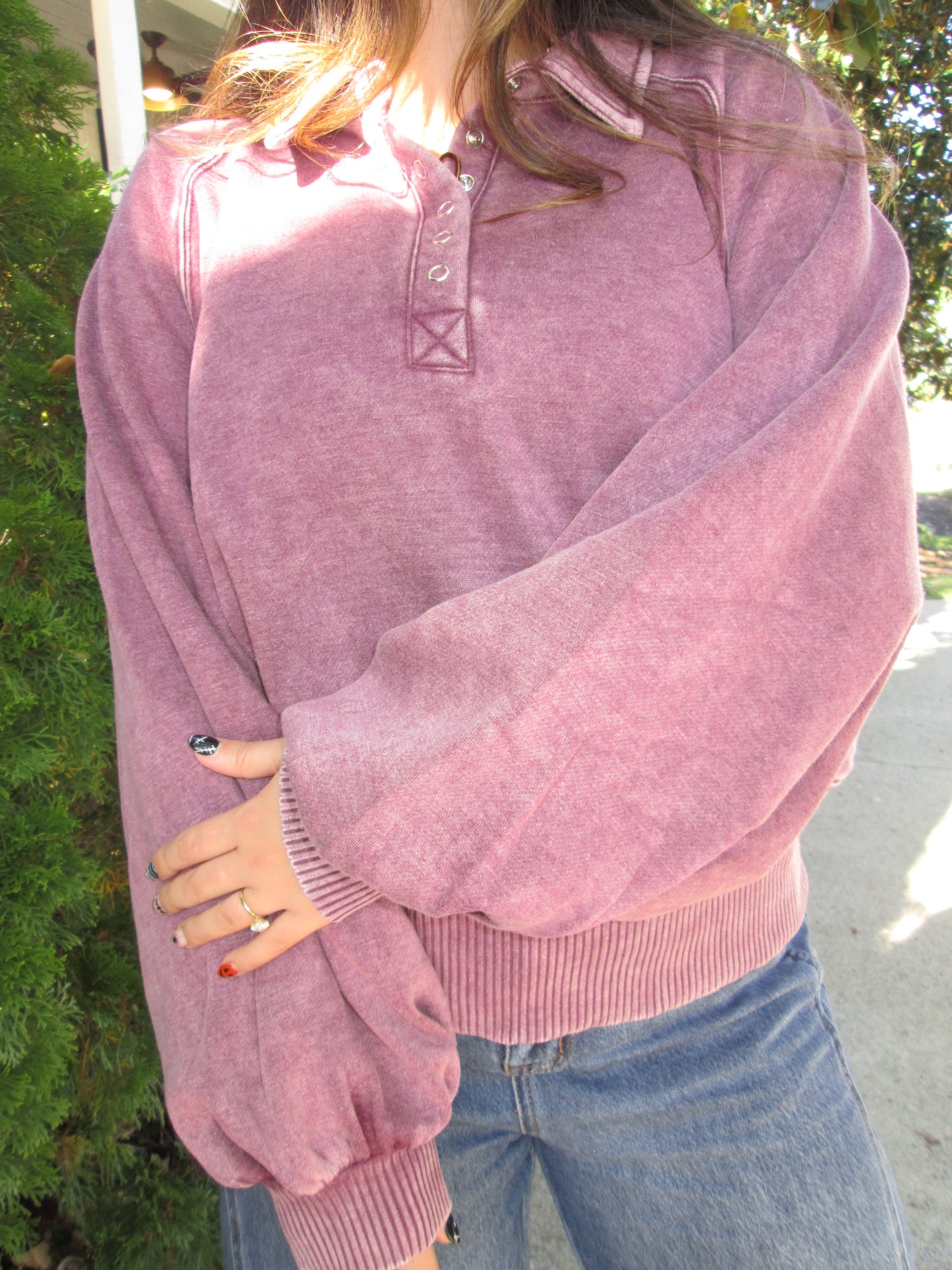 Dressing For Comfort Half Button Plum Pullover