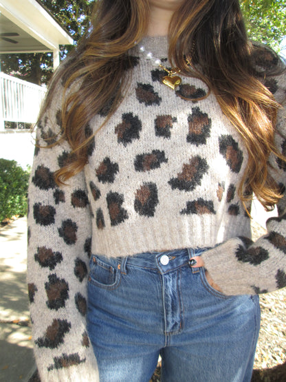 Conversation Starter Cropped Leopard Print Knit Sweater