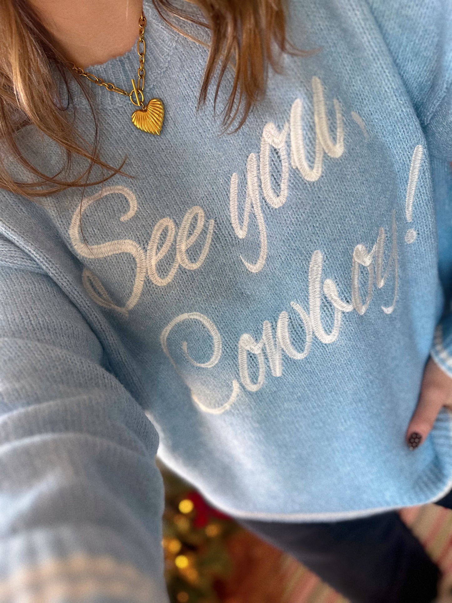 Cowboy Take Me Away! Light Blue Embroidered Sweater