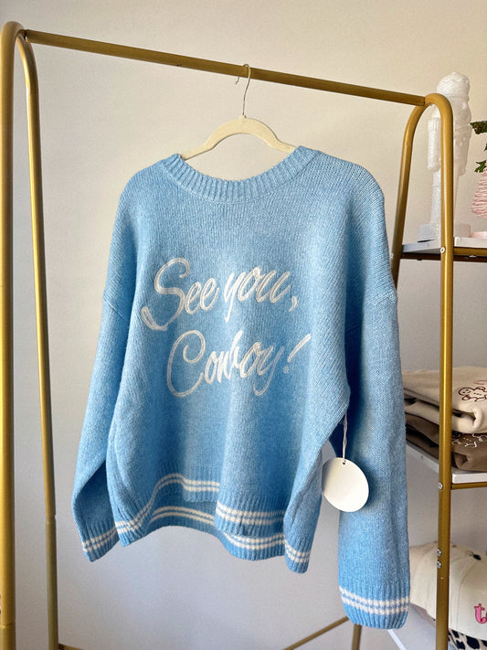 Cowboy Take Me Away! Light Blue Embroidered Sweater